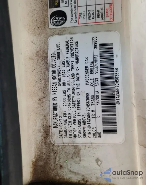 2012 Nissan 370Z Base z USA, uszkodzony, nr VIN JN1AZ4EH7CM563658